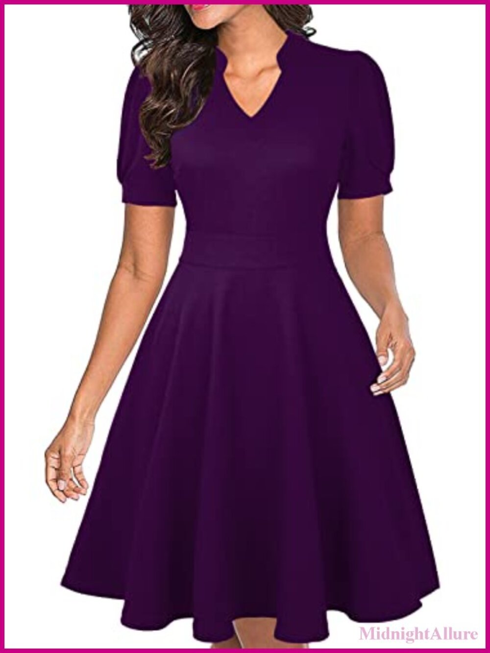 Womens Puff Sleeve V-Neck Fit and Flare Cocktail Dress with Pockets